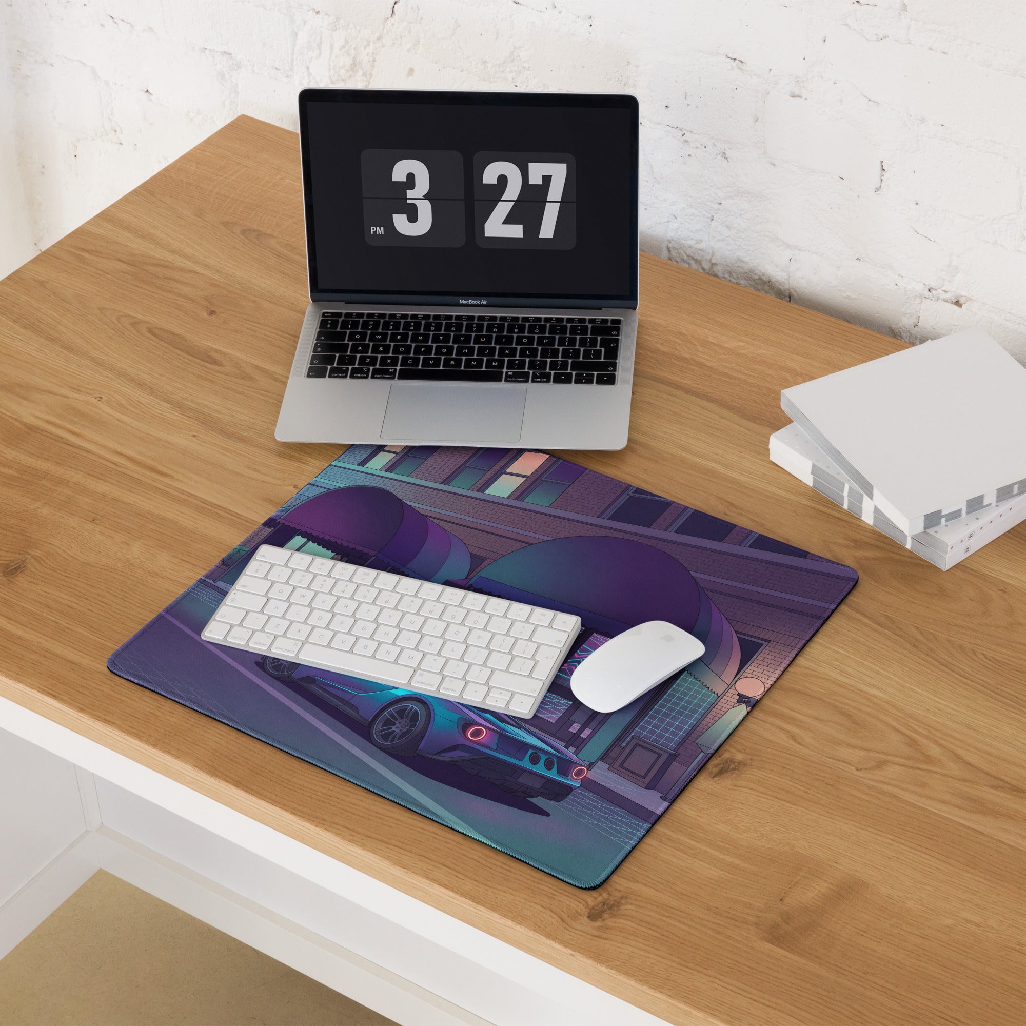 Ford GT Inspired Blue Vaporwave Gaming Mouse Pad – Neon Purple City Street Desk Mat with Retro Futuristic Palm Trees and Cyber Grid Art