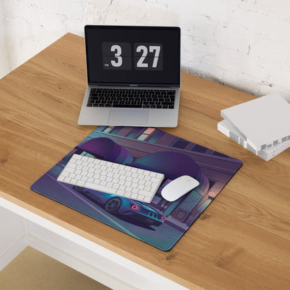 Ford GT Inspired Blue Vaporwave Gaming Mouse Pad – Neon Purple City Street Desk Mat with Retro Futuristic Palm Trees and Cyber Grid Art