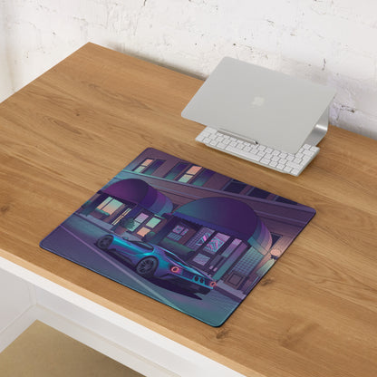 Ford GT Inspired Blue Vaporwave Gaming Mouse Pad – Neon Purple City Street Desk Mat with Retro Futuristic Palm Trees and Cyber Grid Art