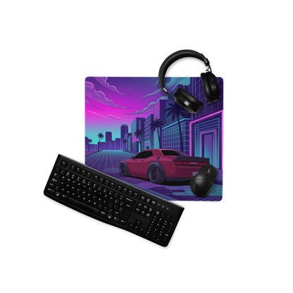 Dodge Challenger SRT Hellcat Widebody Inspired Red Vaporwave Gaming Mouse Pad – Neon Pink Cyan City Street Desk Mat with Retro Futuristic Palm Tree Art