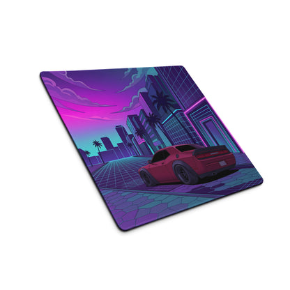 Dodge Challenger SRT Hellcat Widebody Inspired Red Vaporwave Gaming Mouse Pad – Neon Pink Cyan City Street Desk Mat with Retro Futuristic Palm Tree Art