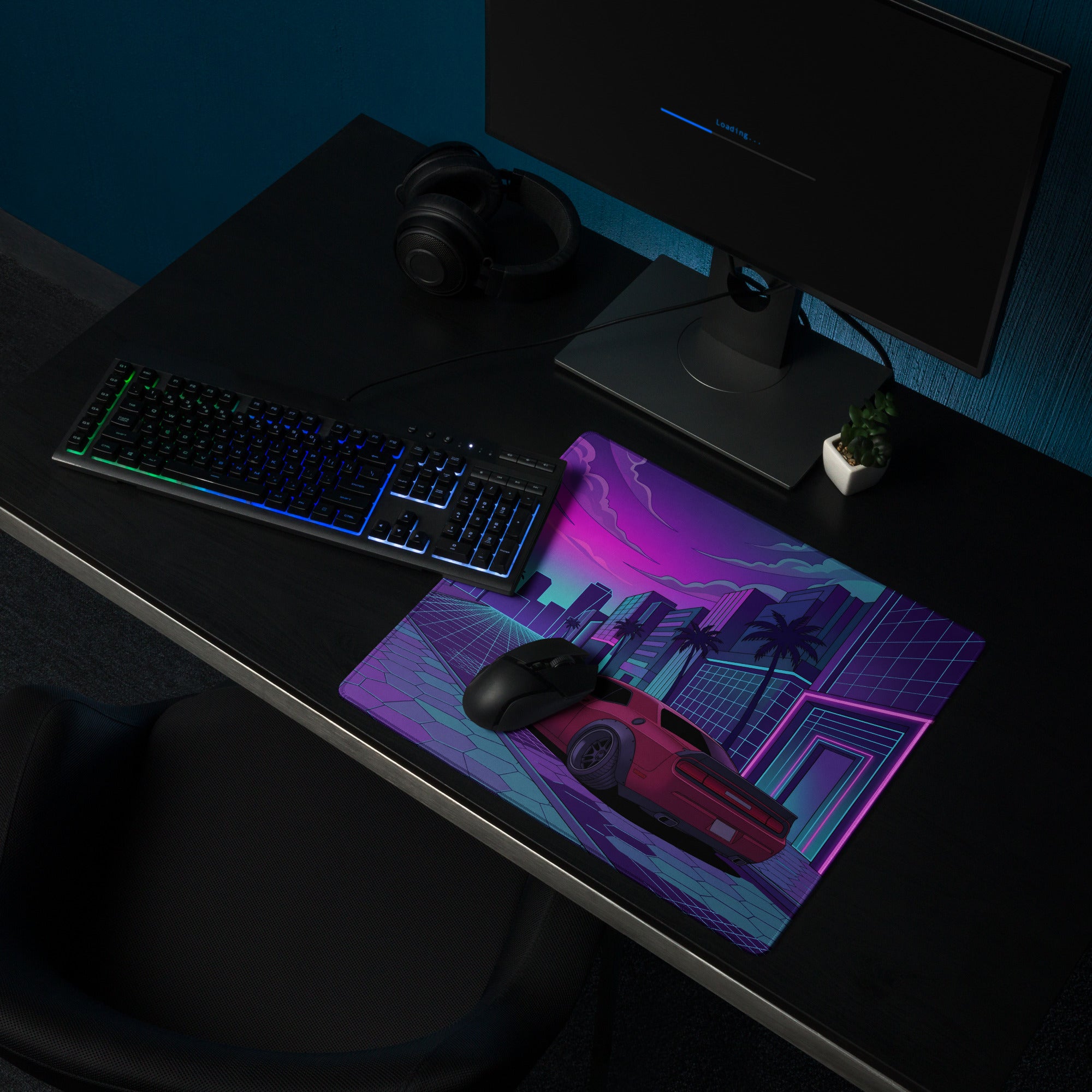 Dodge Challenger SRT Hellcat Widebody Inspired Red Vaporwave Gaming Mouse Pad – Neon Pink Cyan City Street Desk Mat with Retro Futuristic Palm Tree Art