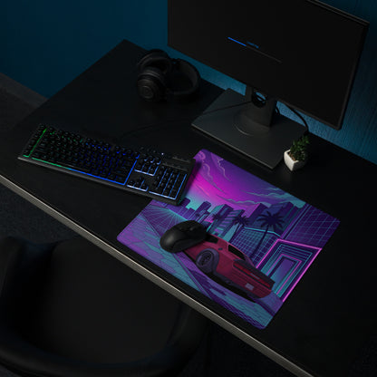 Dodge Challenger SRT Hellcat Widebody Inspired Red Vaporwave Gaming Mouse Pad – Neon Pink Cyan City Street Desk Mat with Retro Futuristic Palm Tree Art