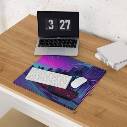 Dodge Challenger SRT Hellcat Widebody Inspired Red Vaporwave Gaming Mouse Pad – Neon Pink Cyan City Street Desk Mat with Retro Futuristic Palm Tree Art