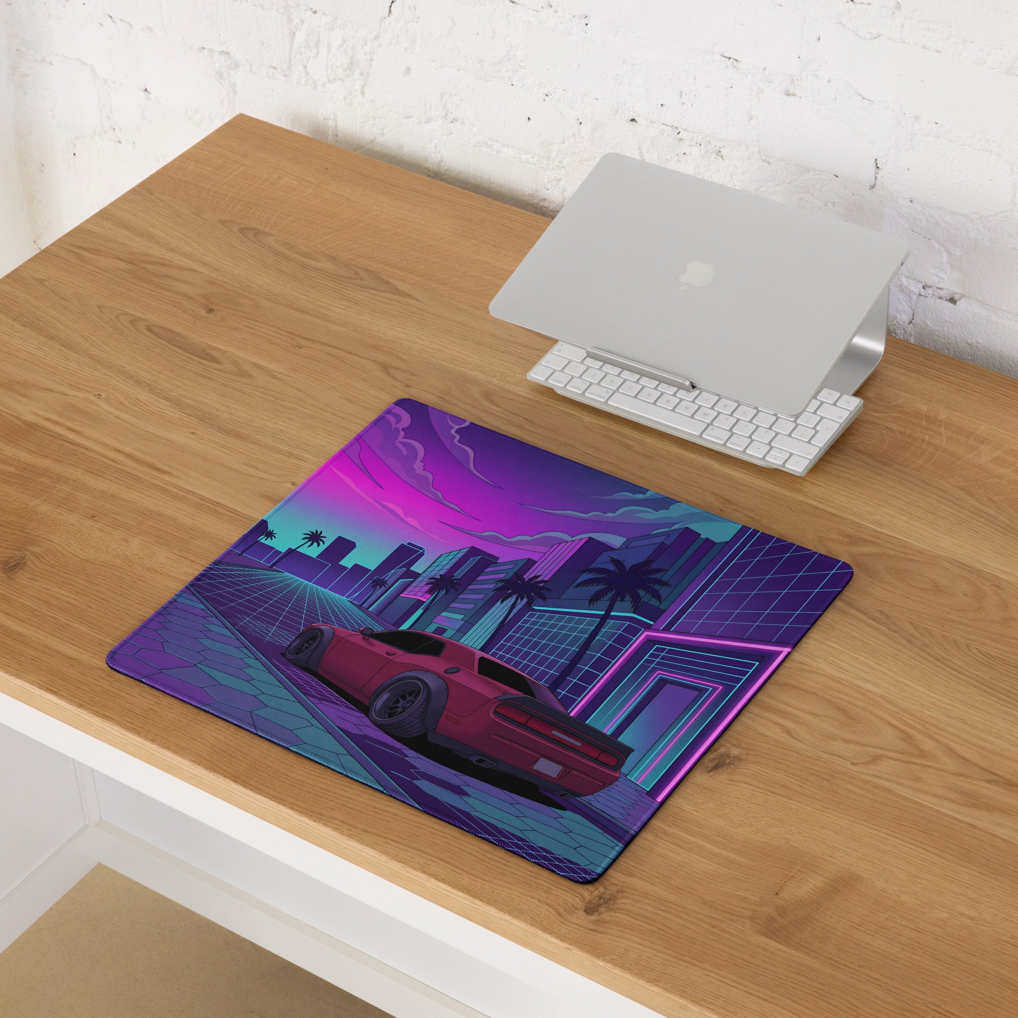 Dodge Challenger SRT Hellcat Widebody Inspired Red Vaporwave Gaming Mouse Pad – Neon Pink Cyan City Street Desk Mat with Retro Futuristic Palm Tree Art
