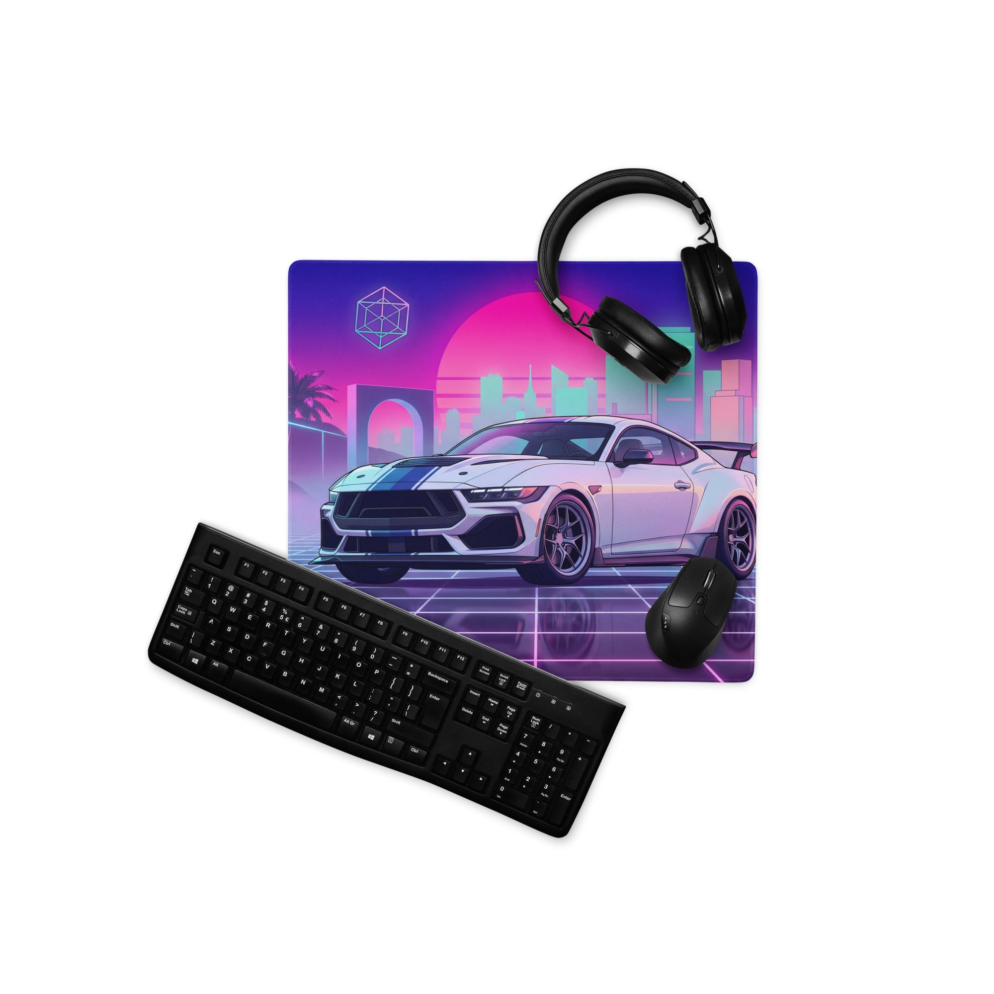 Ford Mustang Dark Horse Inspired White Vaporwave Gaming Mouse Pad – Neon Pink Cyan City Skyline Desk Mat with Retro Grid Sun and