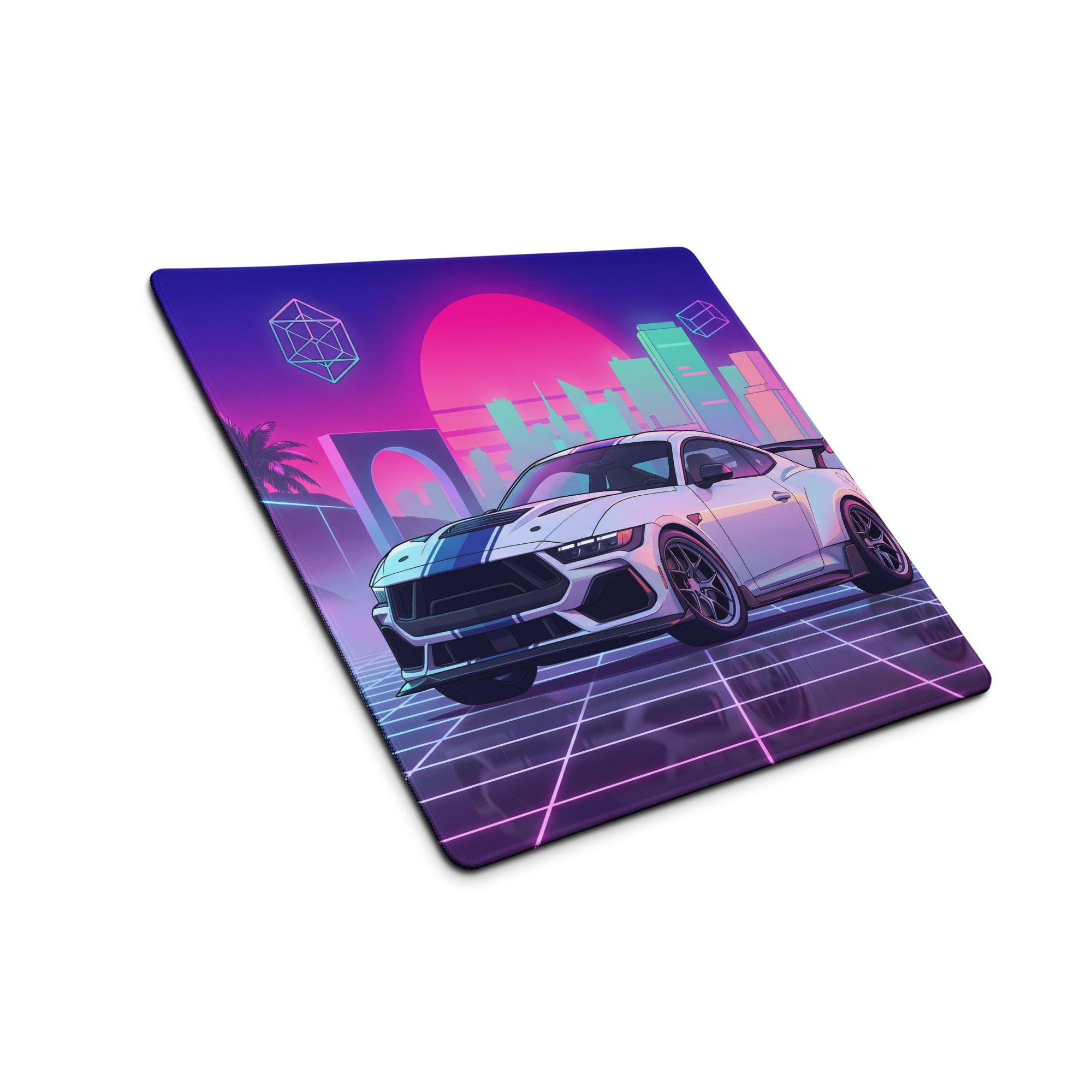 Ford Mustang Dark Horse Inspired White Vaporwave Gaming Mouse Pad – Neon Pink Cyan City Skyline Desk Mat with Retro Grid Sun and