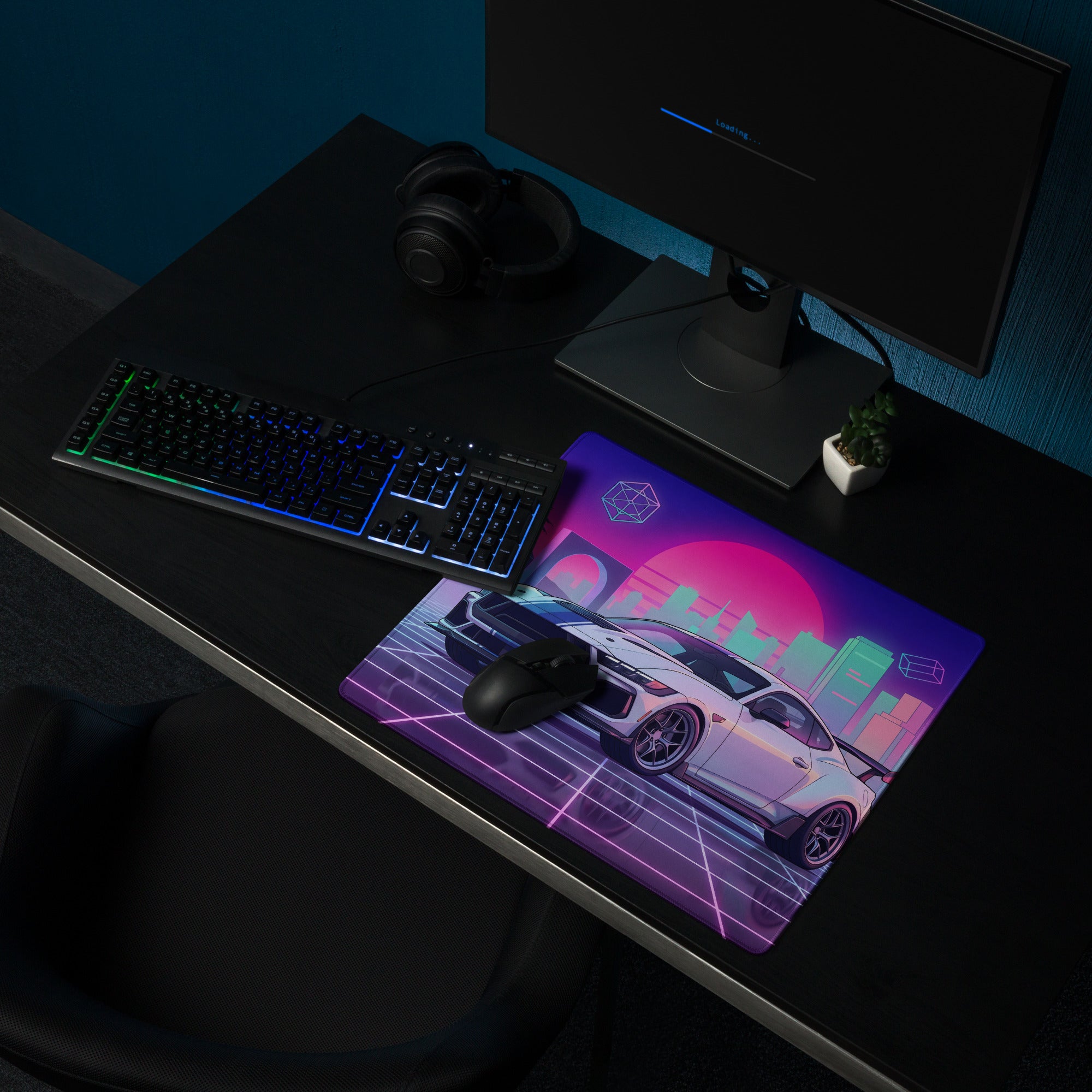 Ford Mustang Dark Horse Inspired White Vaporwave Gaming Mouse Pad – Neon Pink Cyan City Skyline Desk Mat with Retro Grid Sun and