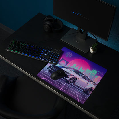 Ford Mustang Dark Horse Inspired White Vaporwave Gaming Mouse Pad – Neon Pink Cyan City Skyline Desk Mat with Retro Grid Sun and