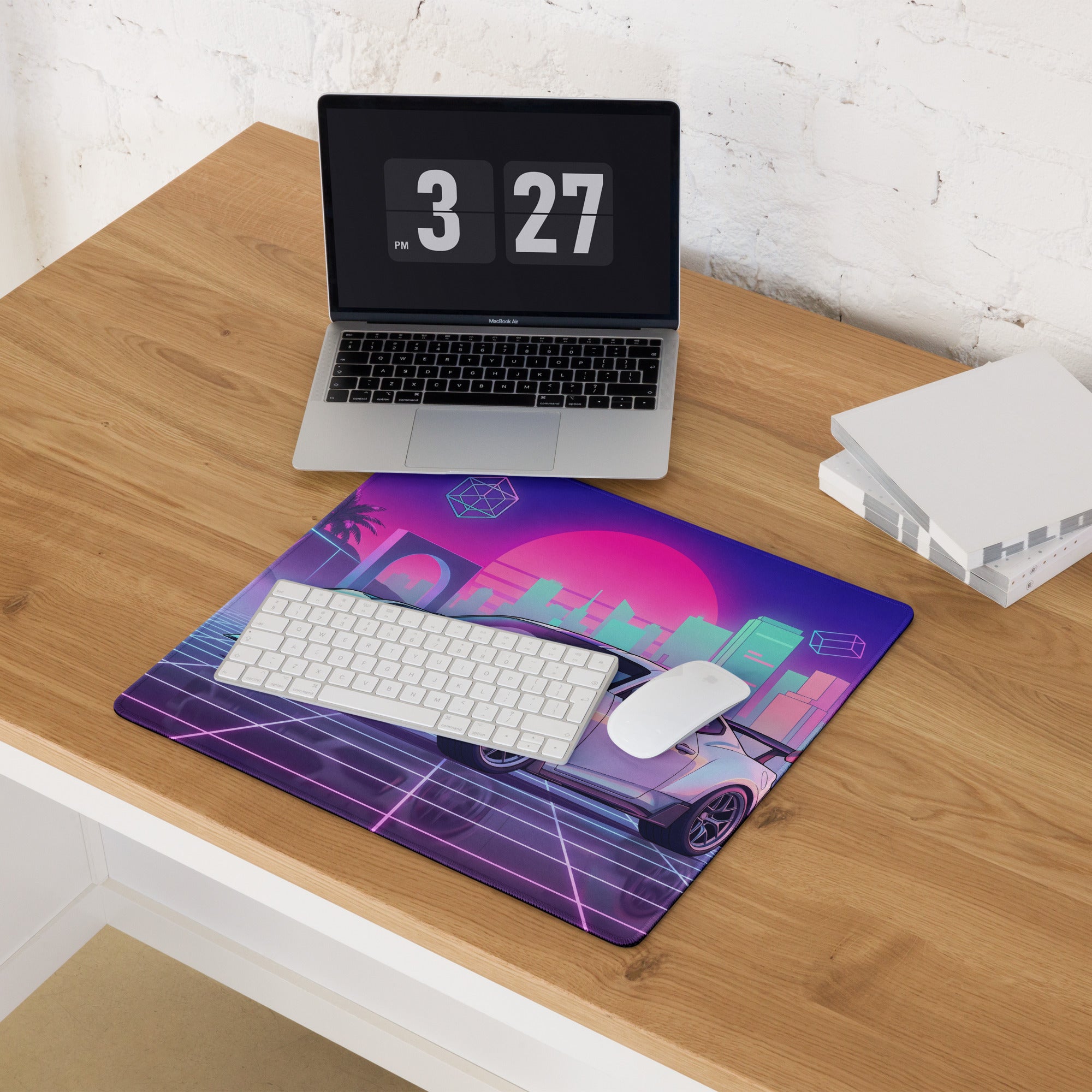 Ford Mustang Dark Horse Inspired White Vaporwave Gaming Mouse Pad – Neon Pink Cyan City Skyline Desk Mat with Retro Grid Sun and