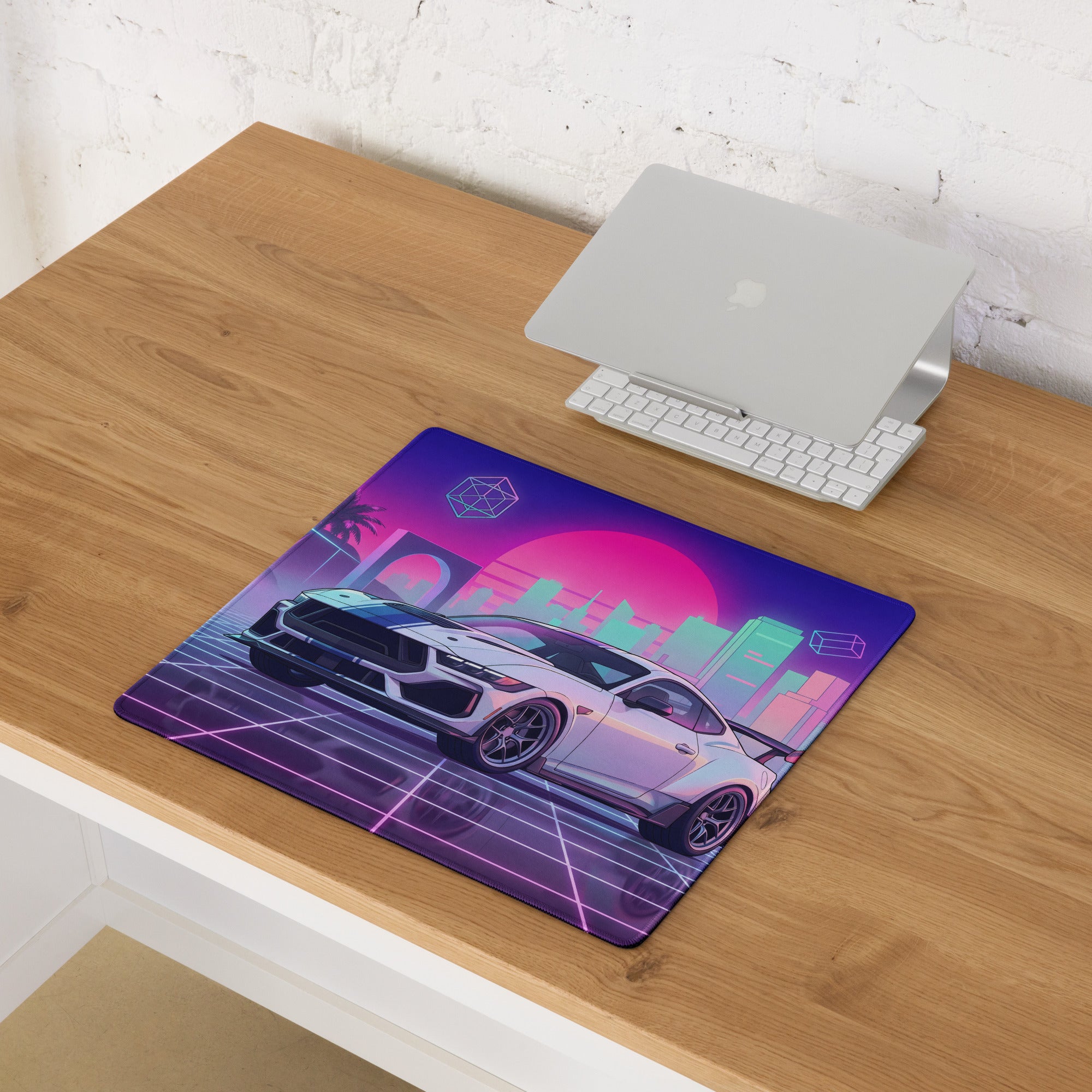 Ford Mustang Dark Horse Inspired White Vaporwave Gaming Mouse Pad – Neon Pink Cyan City Skyline Desk Mat with Retro Grid Sun and