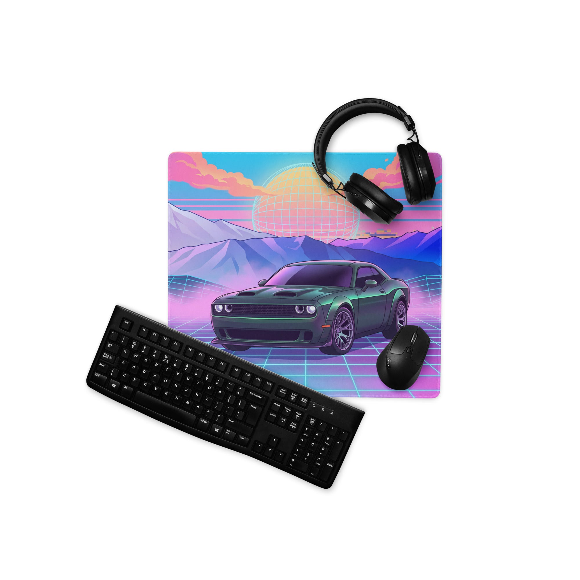 Dodge Challenger SRT Hellcat Inspired Green Vaporwave Gaming Mouse Pad – Neon Pink Cyan Grid Desk Mat with Retro Mountains and Futuristic Sunset Art