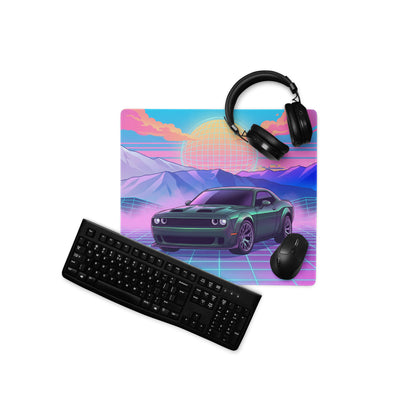 Dodge Challenger SRT Hellcat Inspired Green Vaporwave Gaming Mouse Pad – Neon Pink Cyan Grid Desk Mat with Retro Mountains and Futuristic Sunset Art