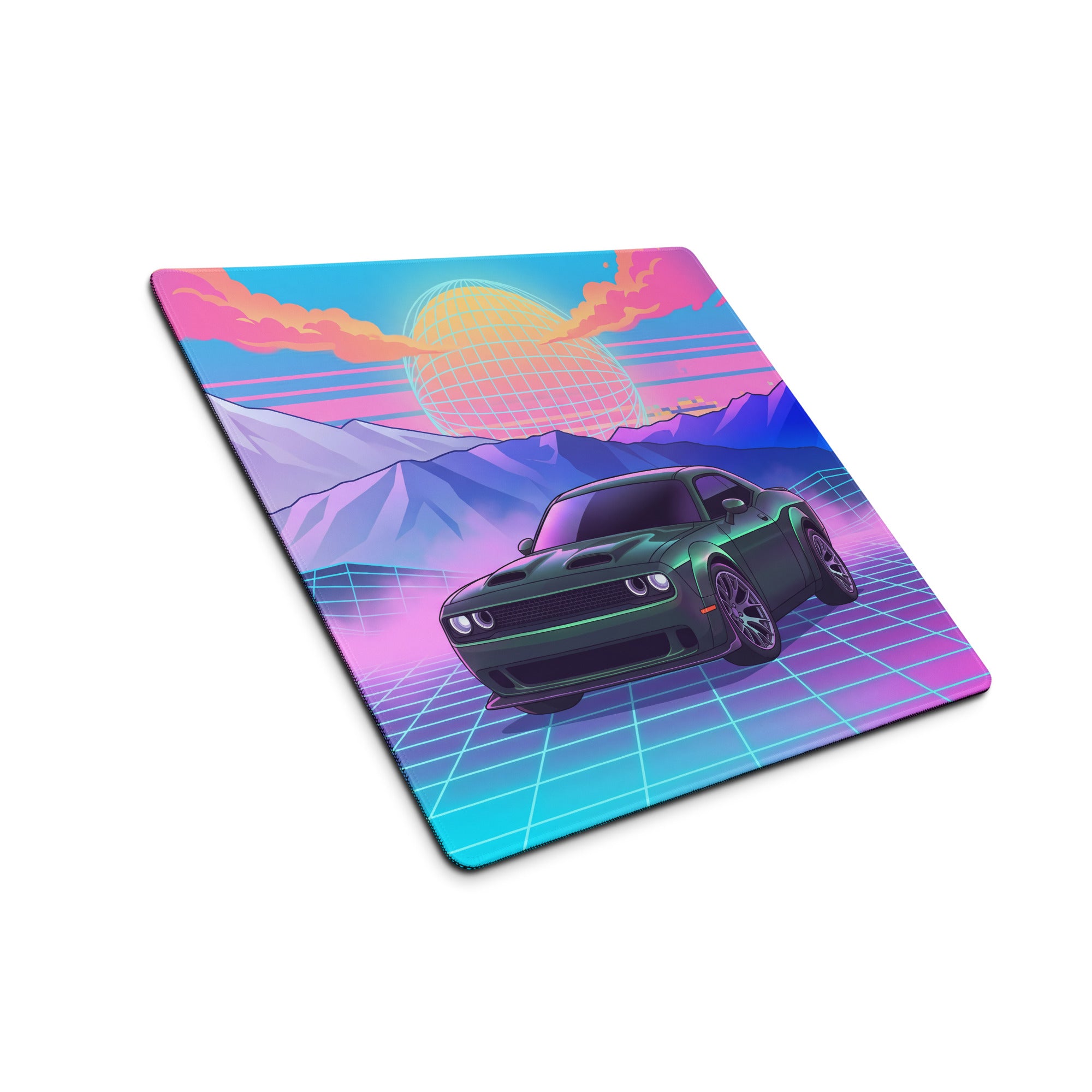 Dodge Challenger SRT Hellcat Inspired Green Vaporwave Gaming Mouse Pad – Neon Pink Cyan Grid Desk Mat with Retro Mountains and Futuristic Sunset Art