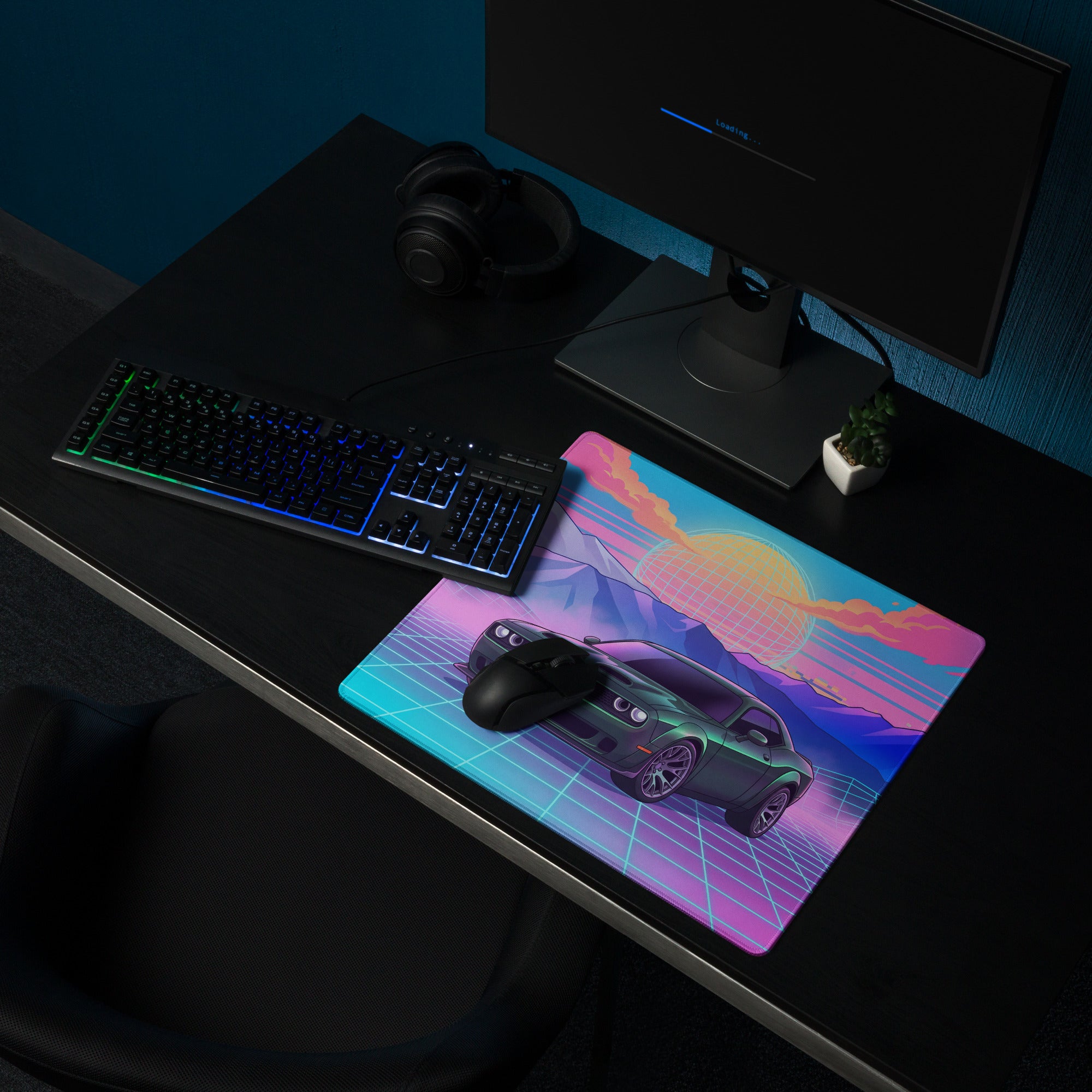 Dodge Challenger SRT Hellcat Inspired Green Vaporwave Gaming Mouse Pad – Neon Pink Cyan Grid Desk Mat with Retro Mountains and Futuristic Sunset Art