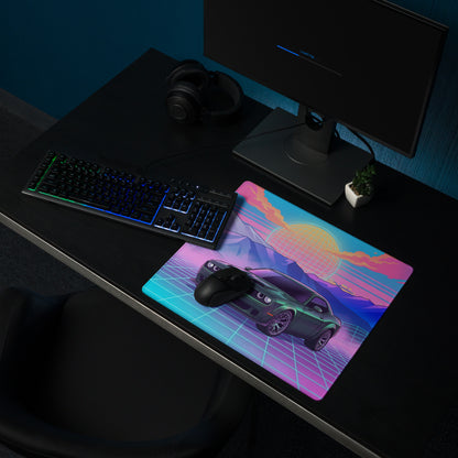 Dodge Challenger SRT Hellcat Inspired Green Vaporwave Gaming Mouse Pad – Neon Pink Cyan Grid Desk Mat with Retro Mountains and Futuristic Sunset Art