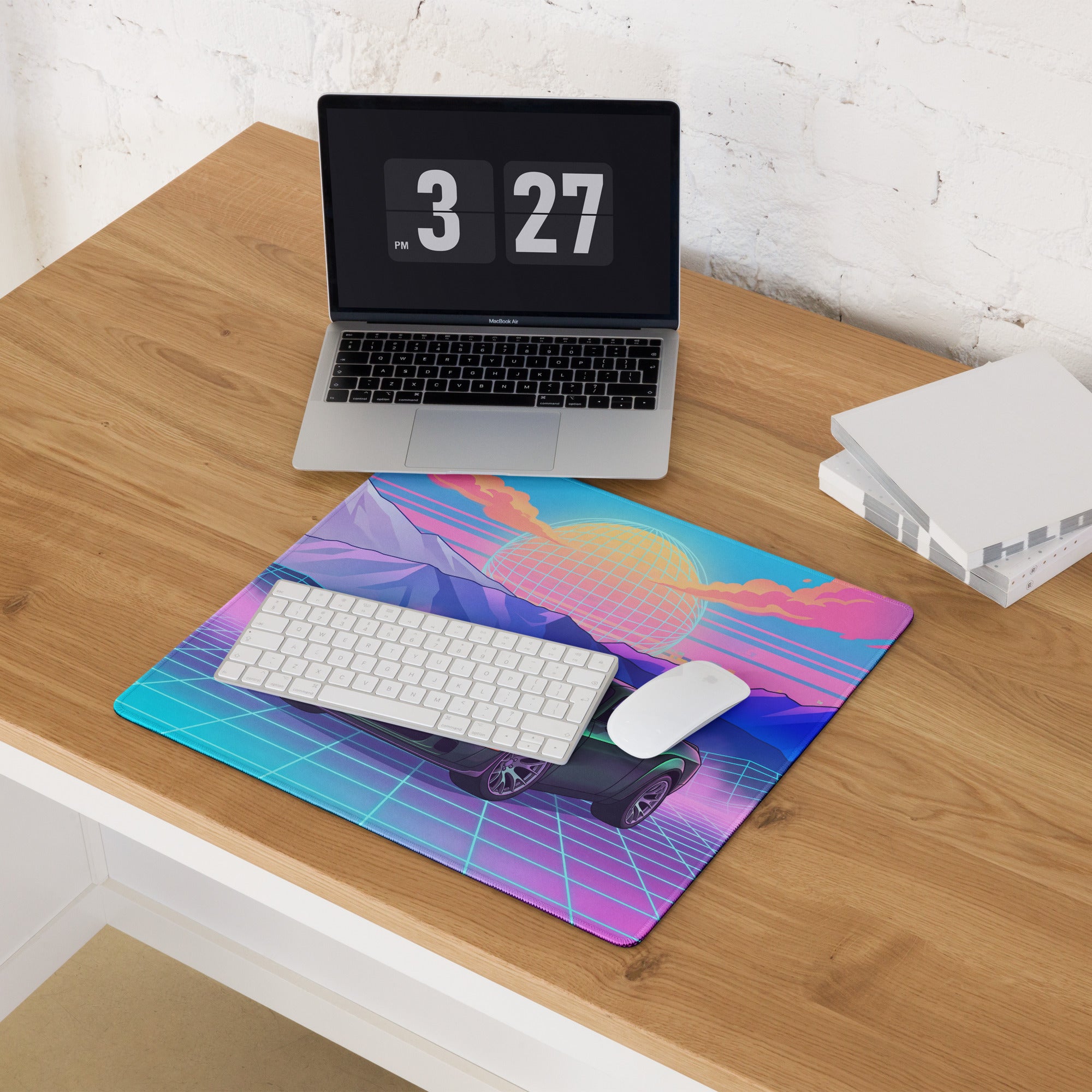 Dodge Challenger SRT Hellcat Inspired Green Vaporwave Gaming Mouse Pad – Neon Pink Cyan Grid Desk Mat with Retro Mountains and Futuristic Sunset Art