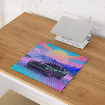 Dodge Challenger SRT Hellcat Inspired Green Vaporwave Gaming Mouse Pad – Neon Pink Cyan Grid Desk Mat with Retro Mountains and Futuristic Sunset Art