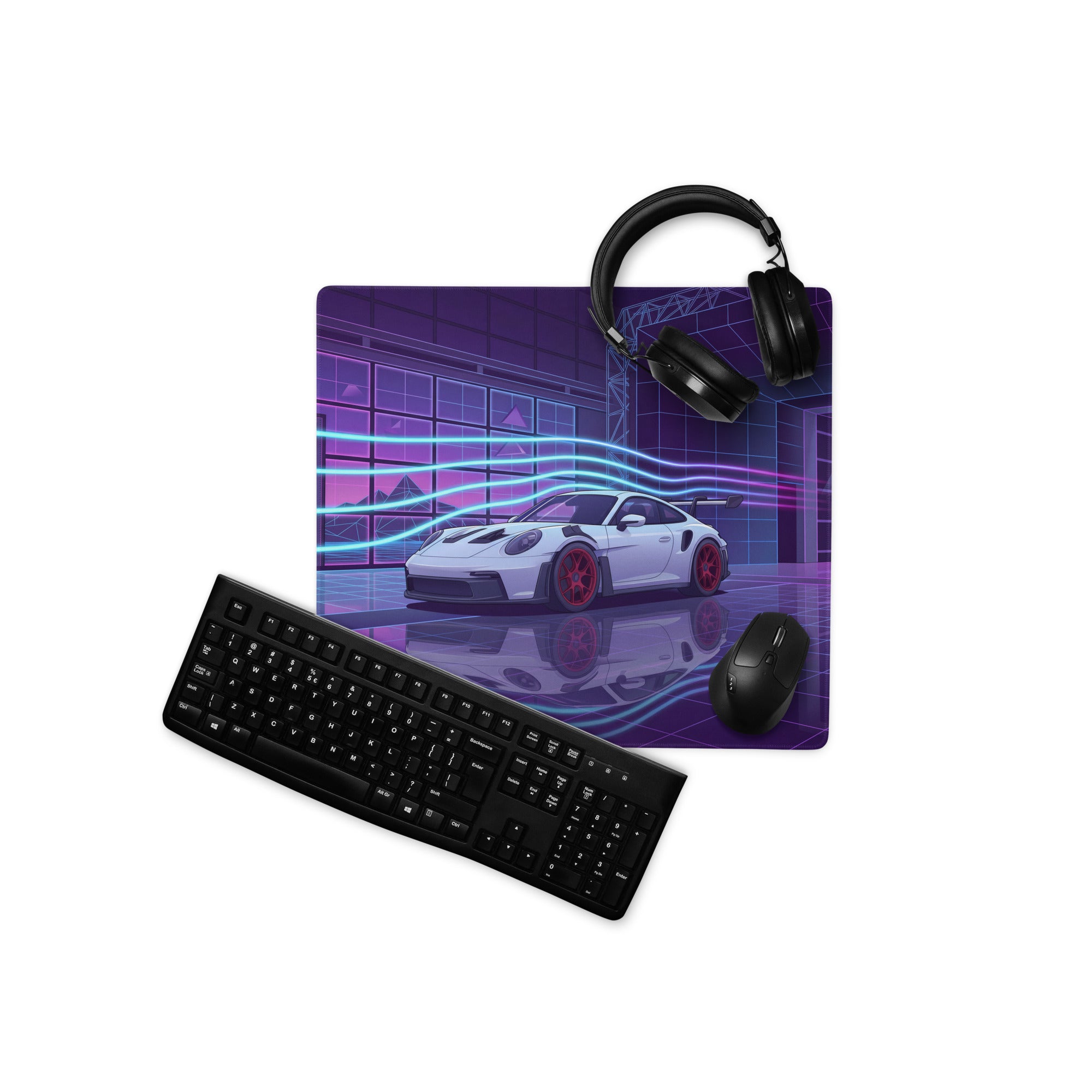 Porsche 911 GT3 RS Inspired White Purple Vaporwave Gaming Mouse Pad – Neon Cyberpunk Showroom Desk Mat with Red Wheels and Retro Futuristic Art
