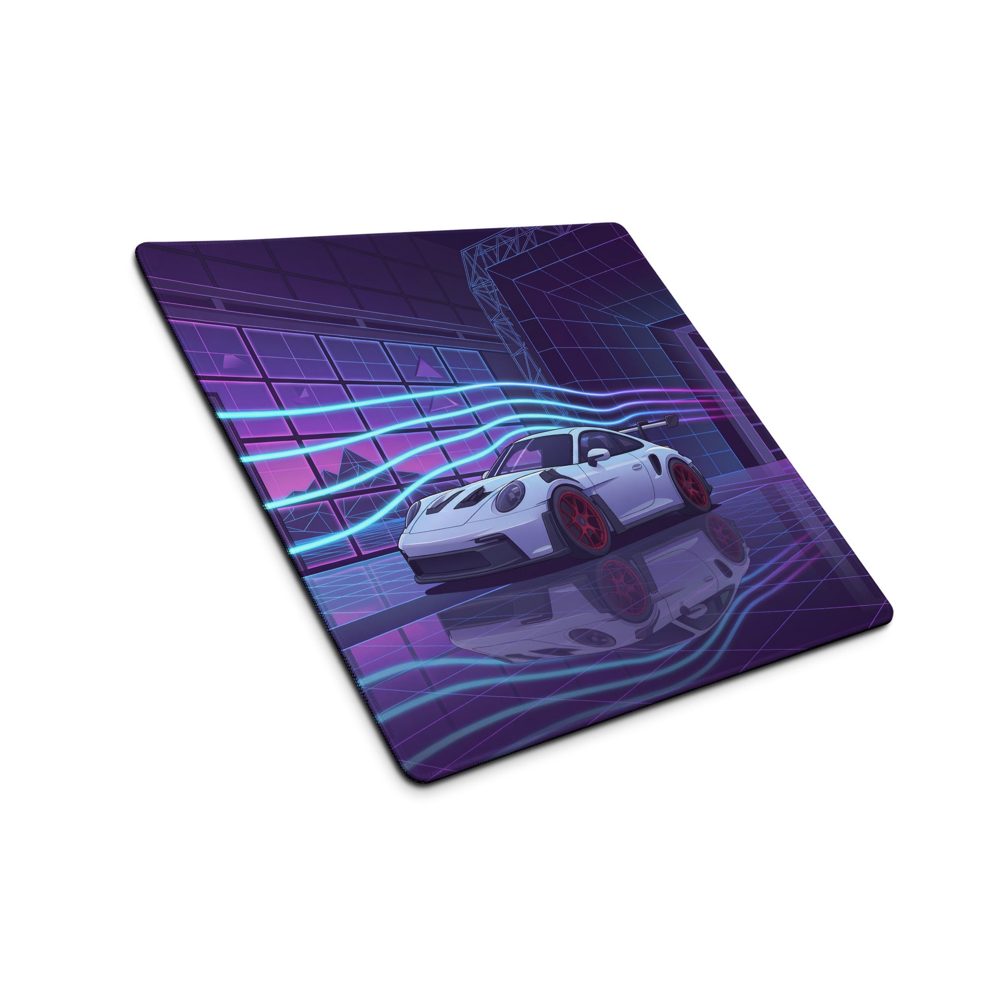 Porsche 911 GT3 RS Inspired White Purple Vaporwave Gaming Mouse Pad – Neon Cyberpunk Showroom Desk Mat with Red Wheels and Retro Futuristic Art
