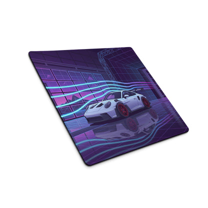 Porsche 911 GT3 RS Inspired White Purple Vaporwave Gaming Mouse Pad – Neon Cyberpunk Showroom Desk Mat with Red Wheels and Retro Futuristic Art