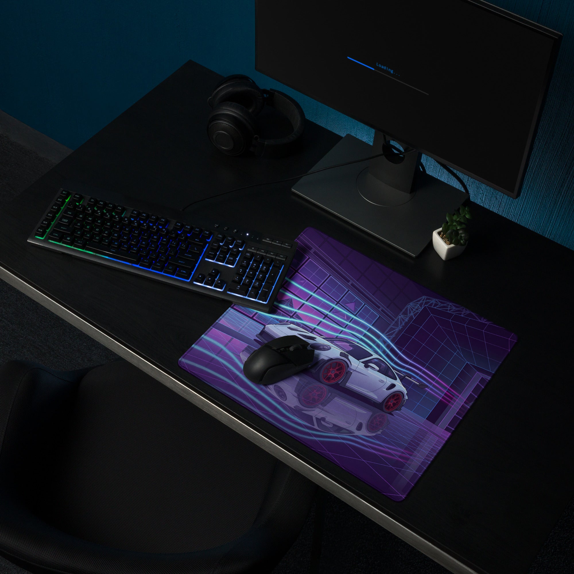 Porsche 911 GT3 RS Inspired White Purple Vaporwave Gaming Mouse Pad – Neon Cyberpunk Showroom Desk Mat with Red Wheels and Retro Futuristic Art