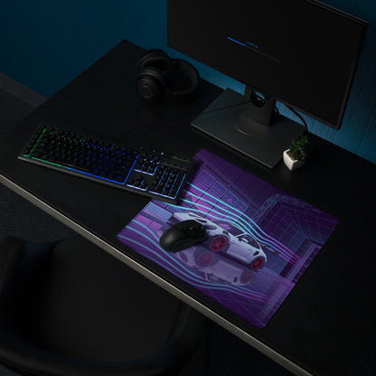 Porsche 911 GT3 RS Inspired White Purple Vaporwave Gaming Mouse Pad – Neon Cyberpunk Showroom Desk Mat with Red Wheels and Retro Futuristic Art