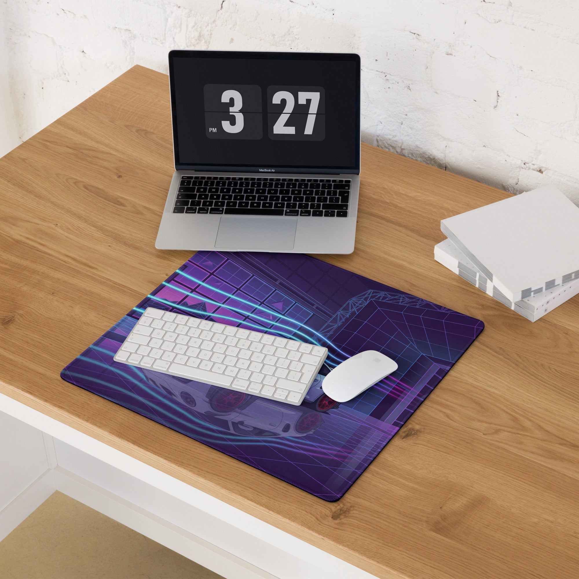 Porsche 911 GT3 RS Inspired White Purple Vaporwave Gaming Mouse Pad – Neon Cyberpunk Showroom Desk Mat with Red Wheels and Retro Futuristic Art