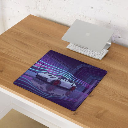 Porsche 911 GT3 RS Inspired White Purple Vaporwave Gaming Mouse Pad – Neon Cyberpunk Showroom Desk Mat with Red Wheels and Retro Futuristic Art