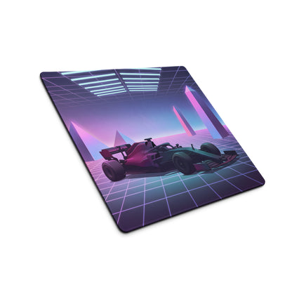 Formula 1 Race Car Inspired Red Teal Vaporwave Gaming Mouse Pad – Neon Retro Futuristic Grid Desk Mat with Synthwave Monuments and Racing Art