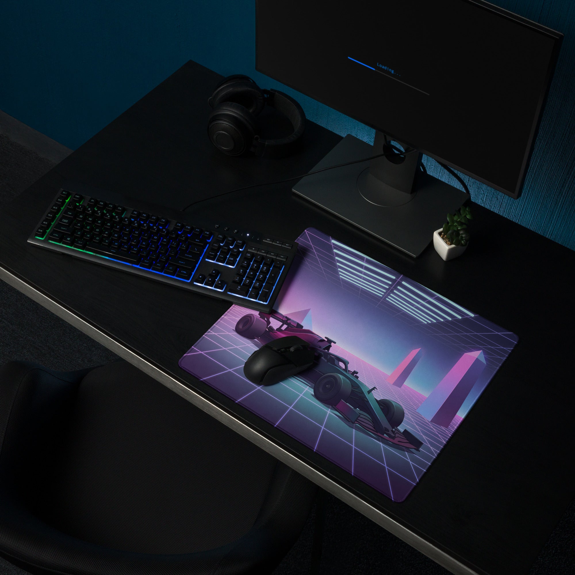 Formula 1 Race Car Inspired Red Teal Vaporwave Gaming Mouse Pad – Neon Retro Futuristic Grid Desk Mat with Synthwave Monuments and Racing Art