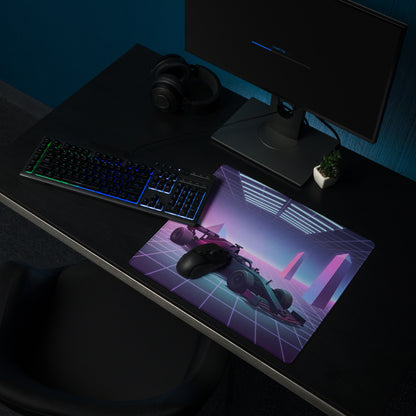 Formula 1 Race Car Inspired Red Teal Vaporwave Gaming Mouse Pad – Neon Retro Futuristic Grid Desk Mat with Synthwave Monuments and Racing Art