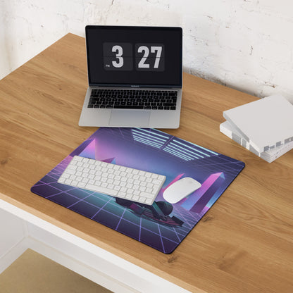Formula 1 Race Car Inspired Red Teal Vaporwave Gaming Mouse Pad – Neon Retro Futuristic Grid Desk Mat with Synthwave Monuments and Racing Art