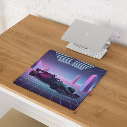 Formula 1 Race Car Inspired Red Teal Vaporwave Gaming Mouse Pad – Neon Retro Futuristic Grid Desk Mat with Synthwave Monuments and Racing Art