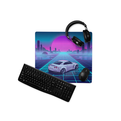 Nissan GT-R R35 Inspired White Vaporwave Gaming Mouse Pad – Neon Cyan Grid Cityscape Desk Mat with Pink Retro Sunset and Futuristic Synthwave Art