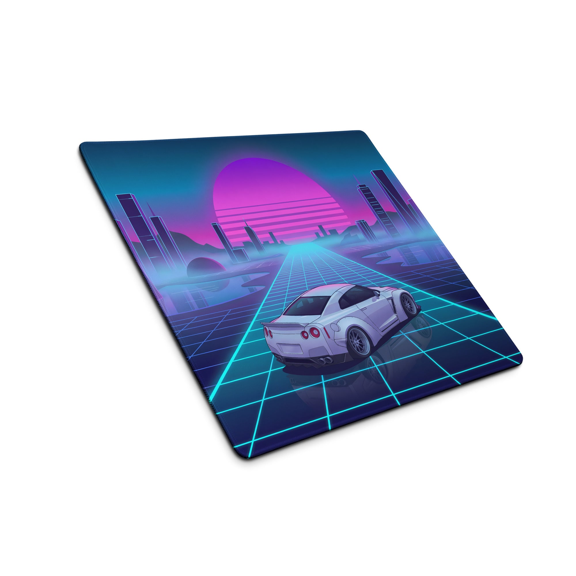 Nissan GT-R R35 Inspired White Vaporwave Gaming Mouse Pad – Neon Cyan Grid Cityscape Desk Mat with Pink Retro Sunset and Futuristic Synthwave Art
