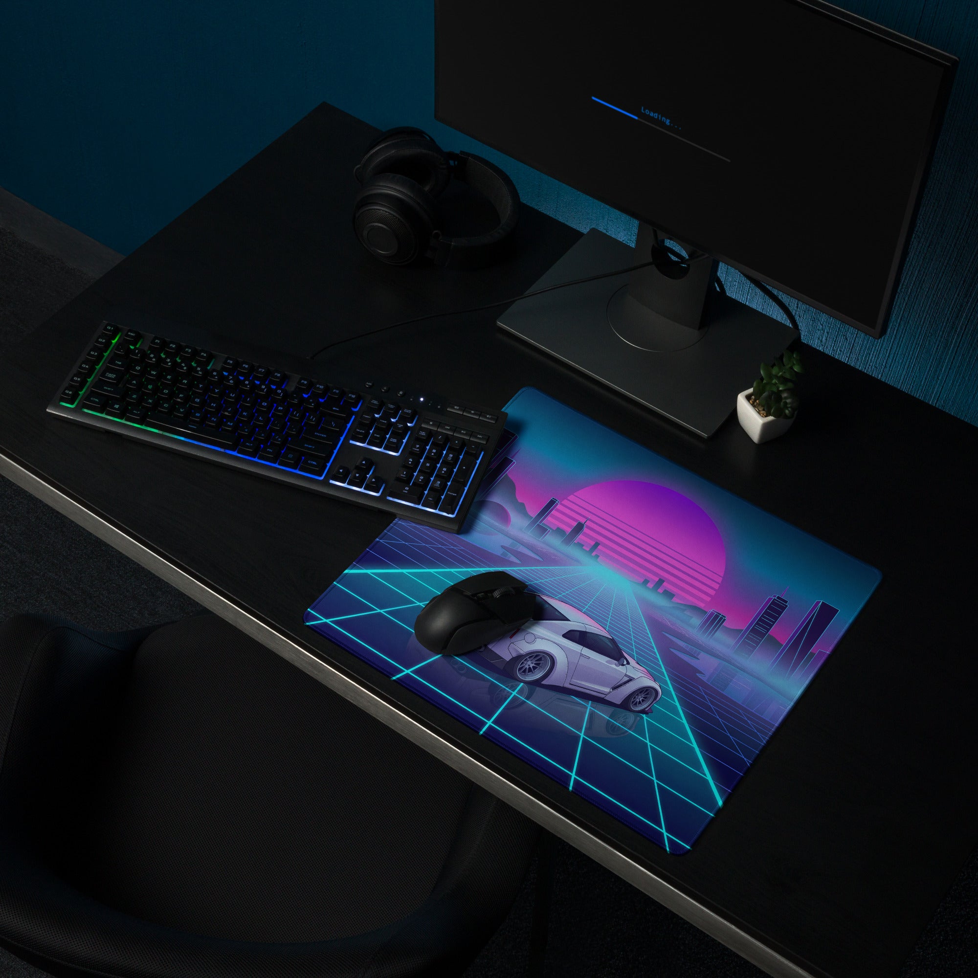 Nissan GT-R R35 Inspired White Vaporwave Gaming Mouse Pad – Neon Cyan Grid Cityscape Desk Mat with Pink Retro Sunset and Futuristic Synthwave Art