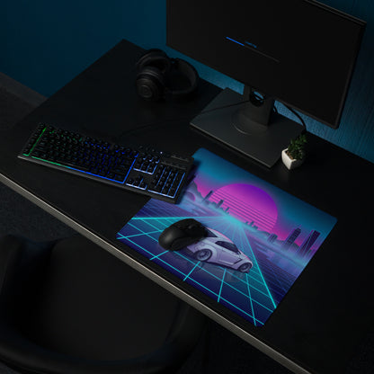 Nissan GT-R R35 Inspired White Vaporwave Gaming Mouse Pad – Neon Cyan Grid Cityscape Desk Mat with Pink Retro Sunset and Futuristic Synthwave Art