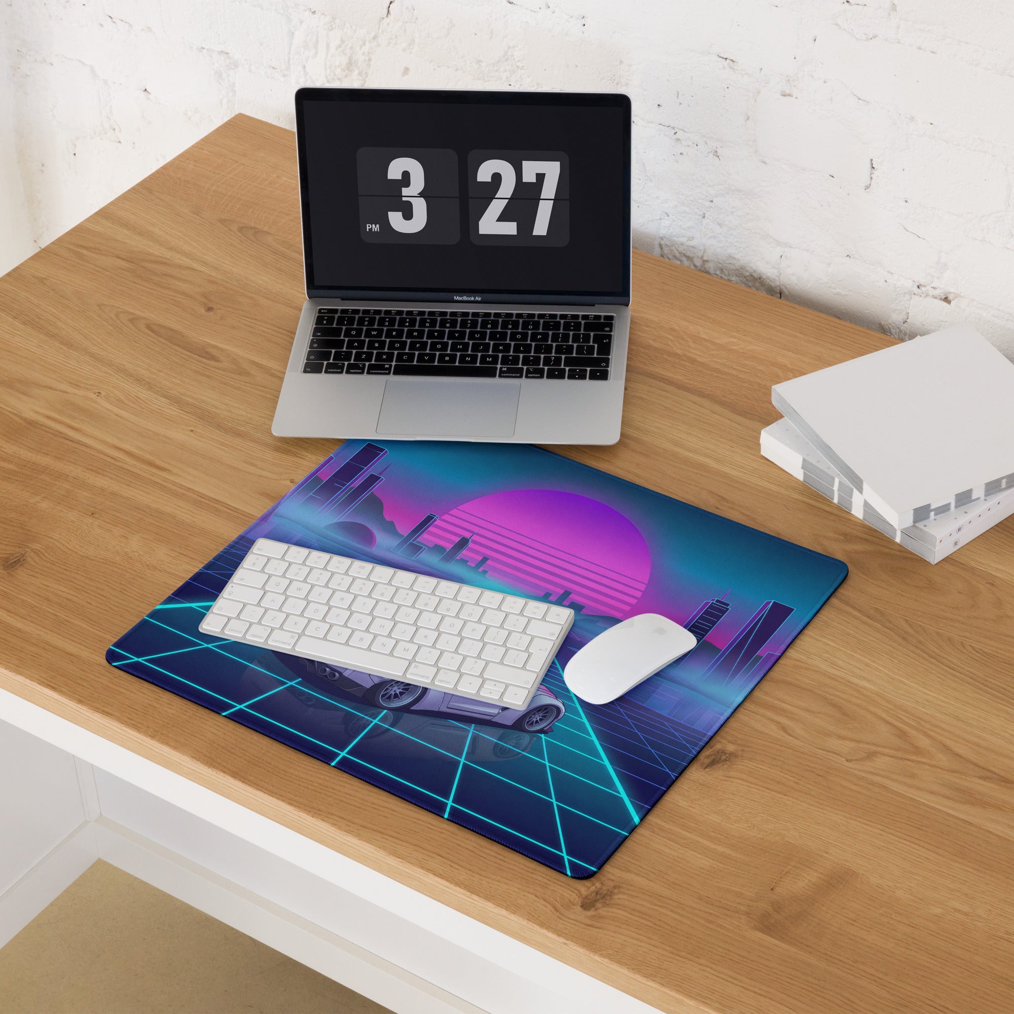 Nissan GT-R R35 Inspired White Vaporwave Gaming Mouse Pad – Neon Cyan Grid Cityscape Desk Mat with Pink Retro Sunset and Futuristic Synthwave Art