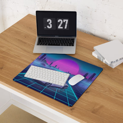 Nissan GT-R R35 Inspired White Vaporwave Gaming Mouse Pad – Neon Cyan Grid Cityscape Desk Mat with Pink Retro Sunset and Futuristic Synthwave Art