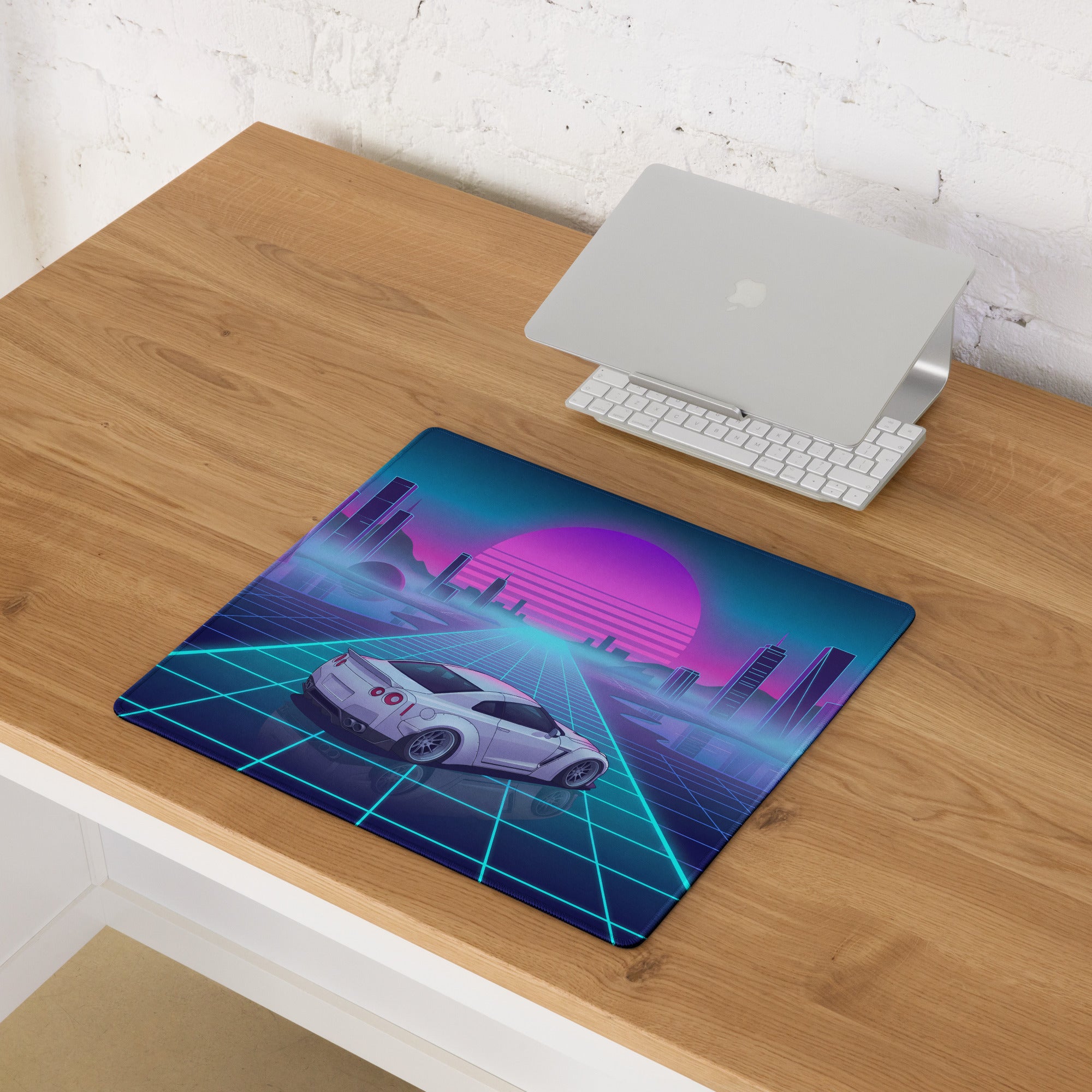 Nissan GT-R R35 Inspired White Vaporwave Gaming Mouse Pad – Neon Cyan Grid Cityscape Desk Mat with Pink Retro Sunset and Futuristic Synthwave Art