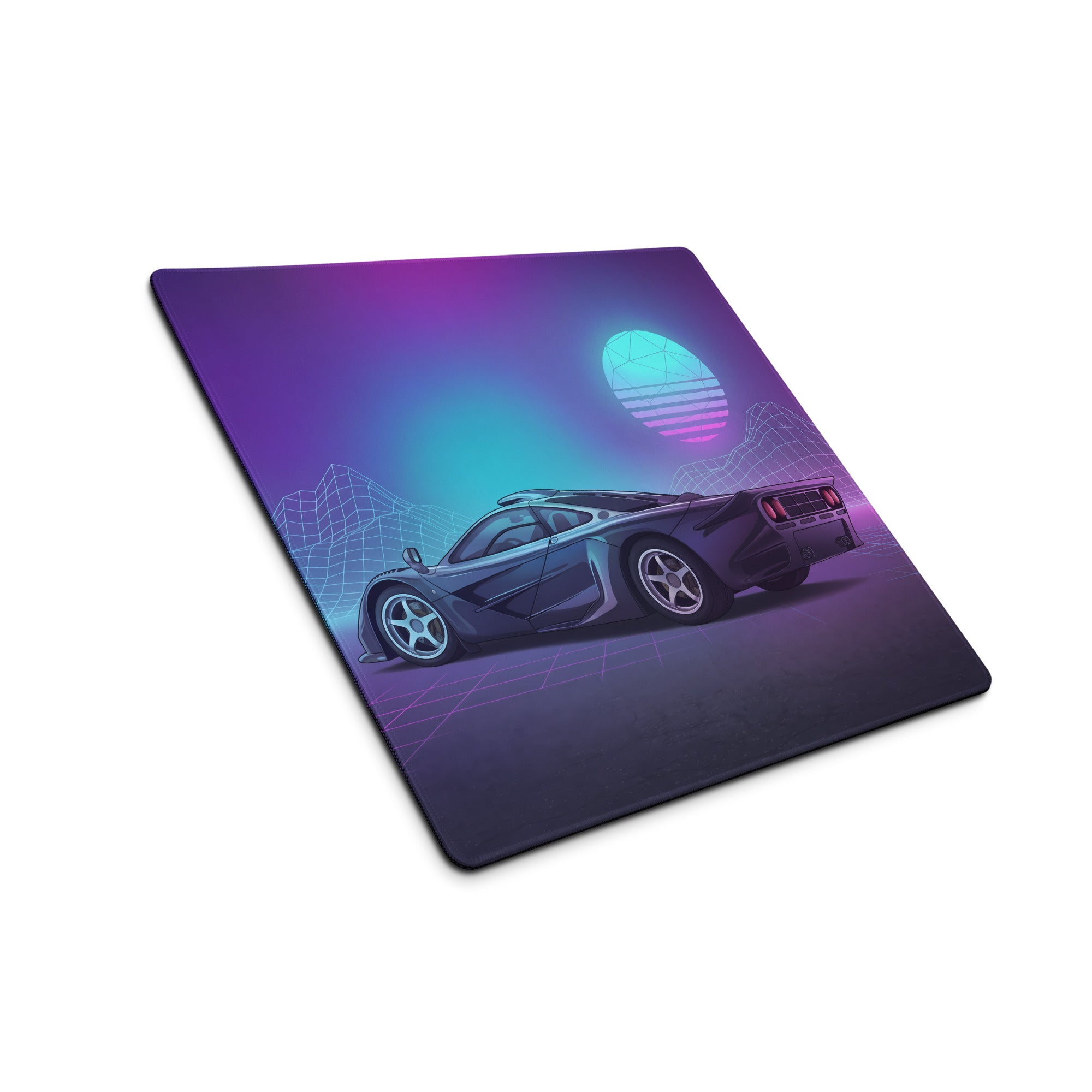 McLaren F1 Inspired Blue Purple Vaporwave Gaming Mouse Pad – Retro Futuristic Neon Grid Desk Mat with Synthwave Mountains and Sunset Art