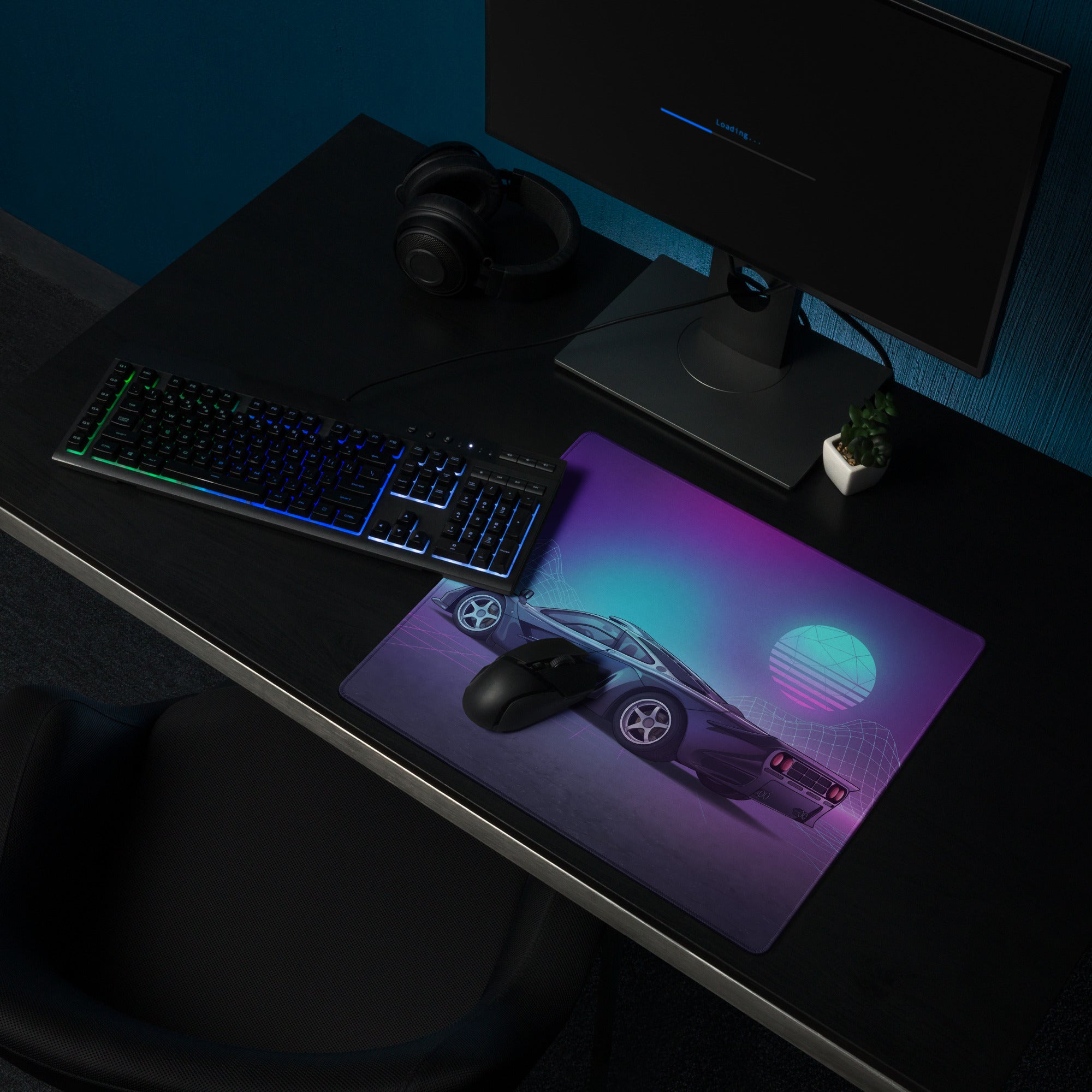 McLaren F1 Inspired Blue Purple Vaporwave Gaming Mouse Pad – Retro Futuristic Neon Grid Desk Mat with Synthwave Mountains and Sunset Art