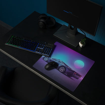 McLaren F1 Inspired Blue Purple Vaporwave Gaming Mouse Pad – Retro Futuristic Neon Grid Desk Mat with Synthwave Mountains and Sunset Art