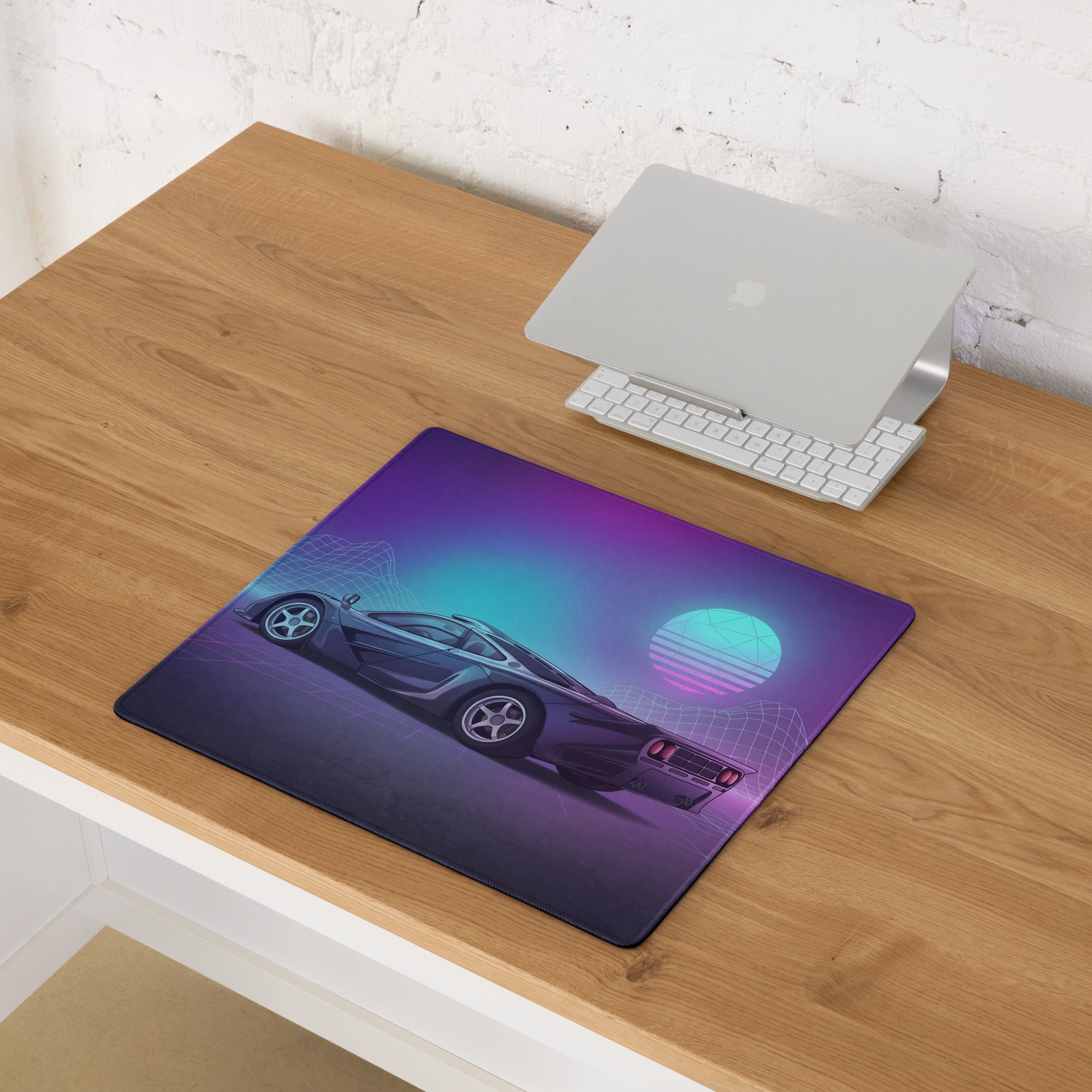 McLaren F1 Inspired Blue Purple Vaporwave Gaming Mouse Pad – Retro Futuristic Neon Grid Desk Mat with Synthwave Mountains and Sunset Art