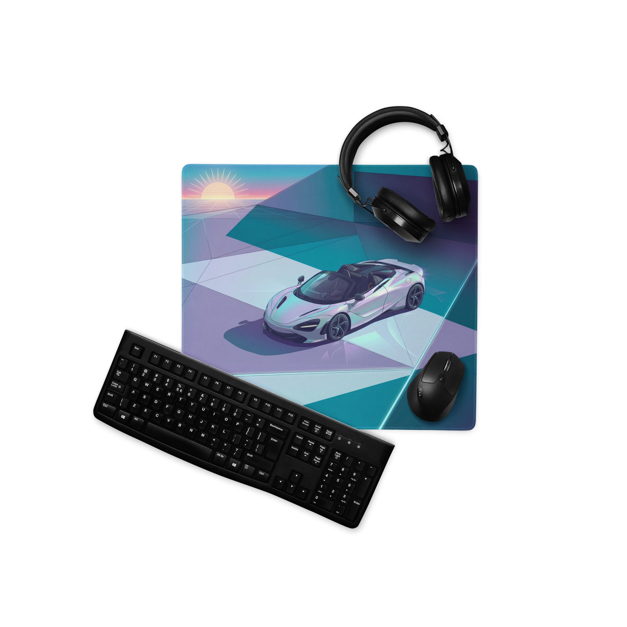 McLaren 720S Spider Inspired White Teal Vaporwave Gaming Mouse Pad – Retro Futuristic Geometric Sunset Desk Mat with Sleek Synthwave Art