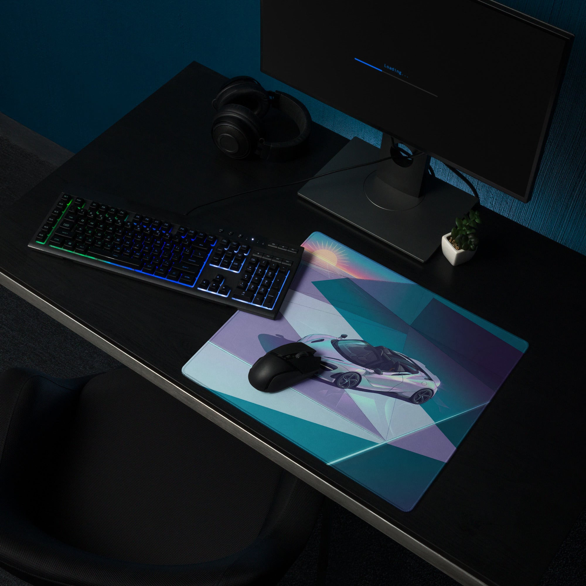 McLaren 720S Spider Inspired White Teal Vaporwave Gaming Mouse Pad – Retro Futuristic Geometric Sunset Desk Mat with Sleek Synthwave Art