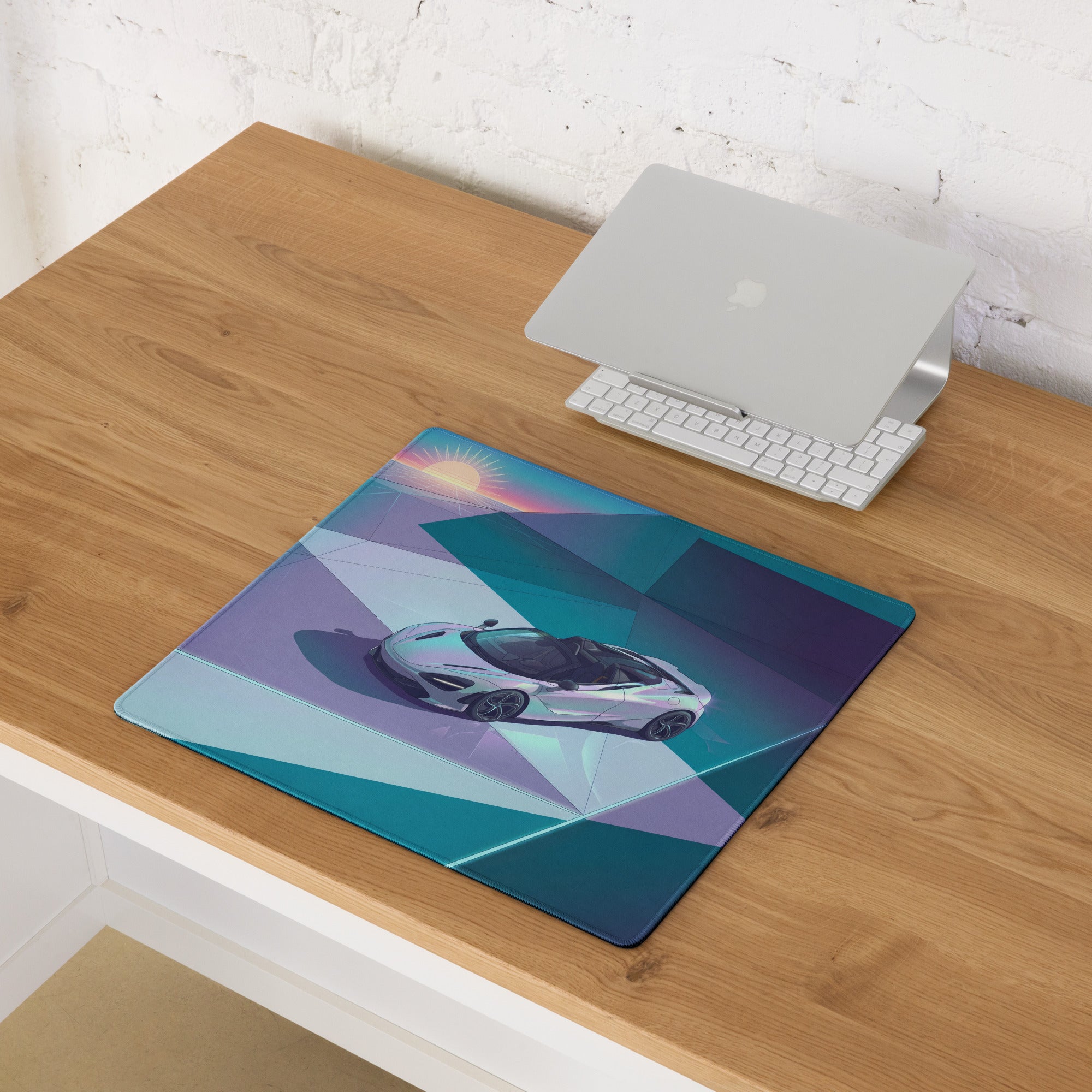 McLaren 720S Spider Inspired White Teal Vaporwave Gaming Mouse Pad – Retro Futuristic Geometric Sunset Desk Mat with Sleek Synthwave Art