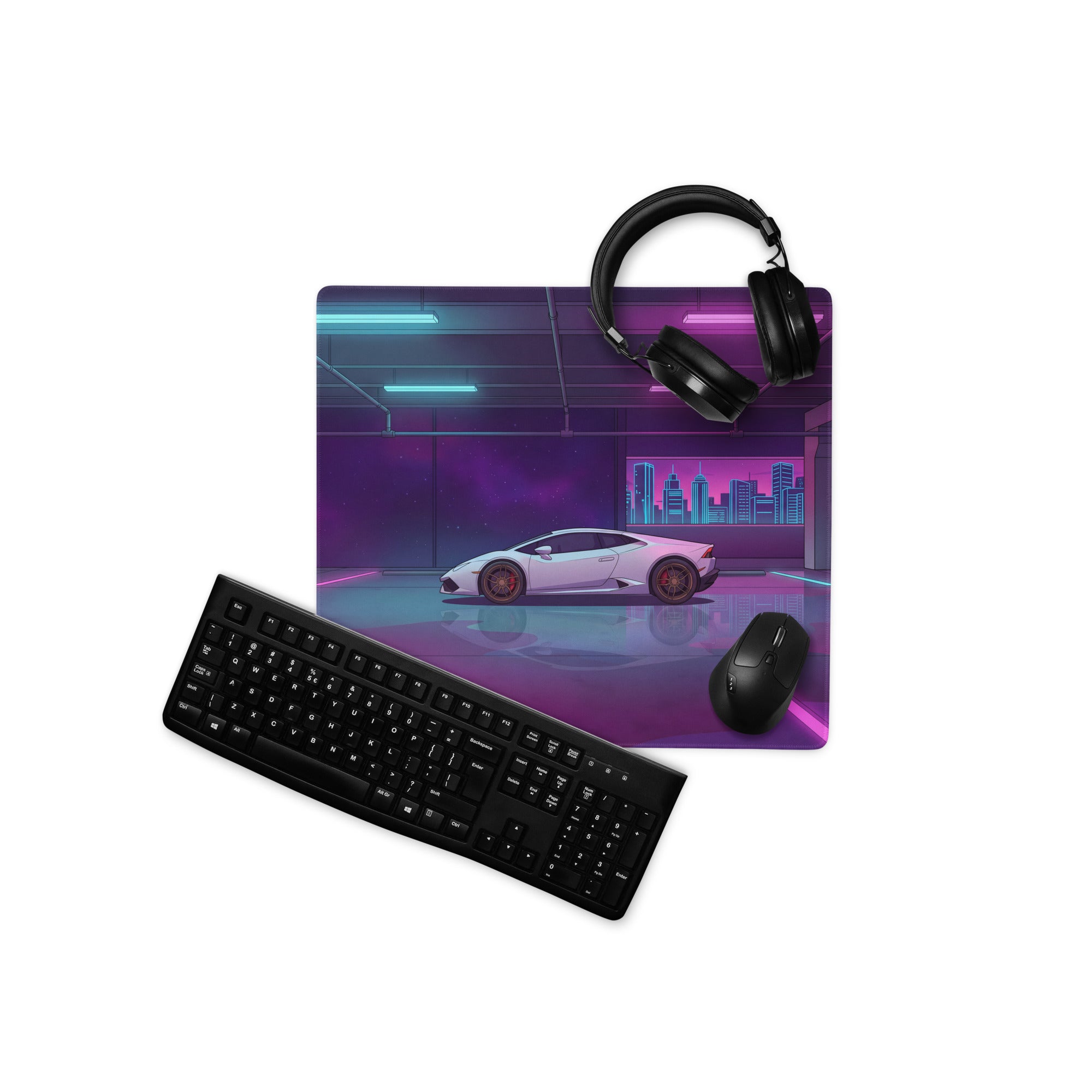 Lamborghini Huracán Inspired White Vaporwave Gaming Mouse Pad – Neon Pink and Cyan Parking Garage Desk Mat with Retro Futuristic Cityscape Art
