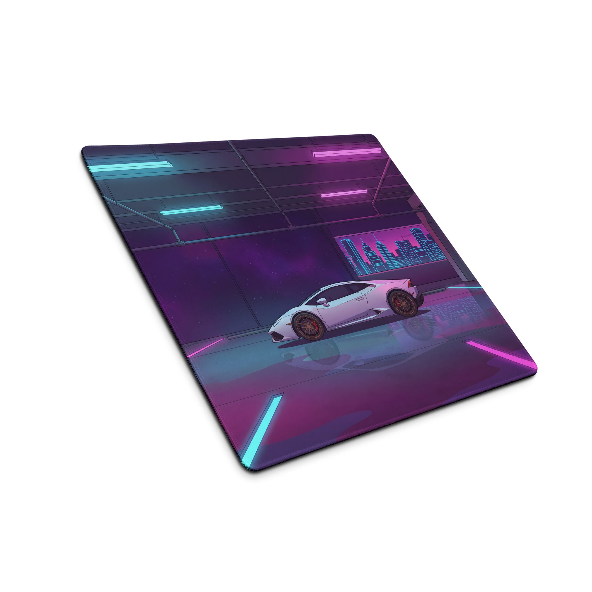 Lamborghini Huracán Inspired White Vaporwave Gaming Mouse Pad – Neon Pink and Cyan Parking Garage Desk Mat with Retro Futuristic Cityscape Art